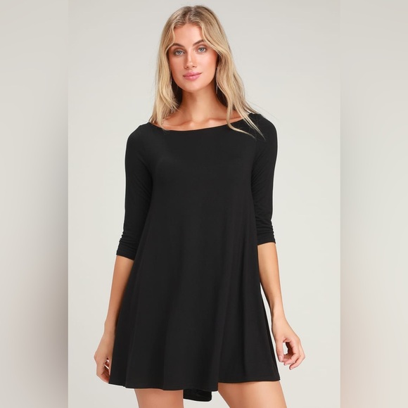 Lulus In Full Swing Black Three-Quarter Sleeve Swing Dress Medium - Picture 11 of 12